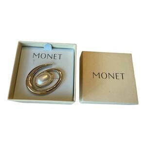 MONET Oval Faux PEARL & SHINY SWIRLED GOLD TONE Pin Modernist Look